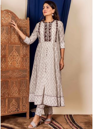 White Readymade Floral Anarkali Kurta Set