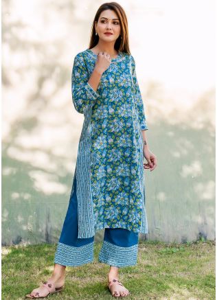 Blue Readymade Floral Kurta Palazzo Set