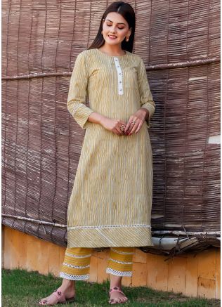 Yellow Readymade Stripes Printed Kurta Set