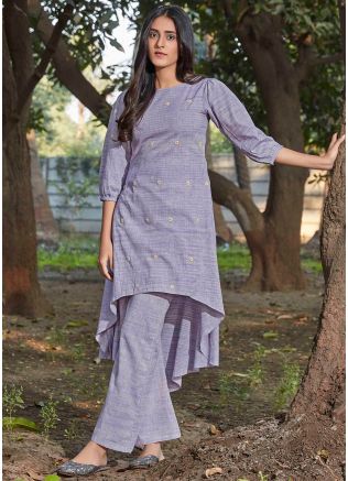 Readymade Purple Kurta Pant Set In Cotton