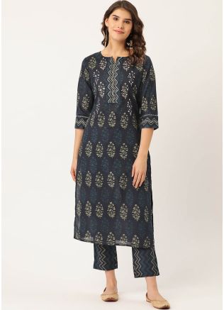 Readymade Navy Blue Printed Kurta Set In Cotton 