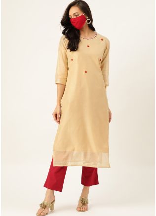 Cream Readymade Kurta With Pant In Chanderi