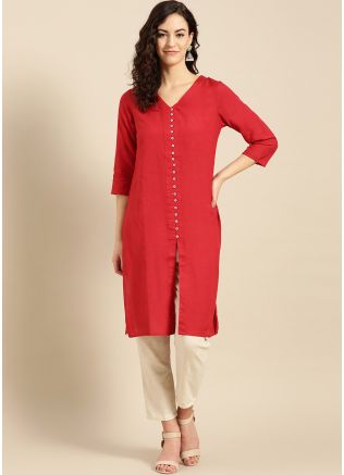 Red Front Slit Style Readymade Kurta Pant Set