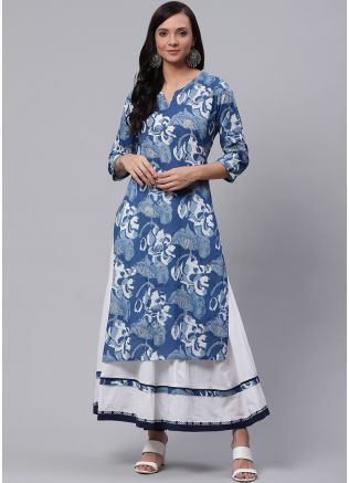 Readymade Blue Cotton Kurti Sharara Set