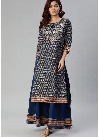 Navy Blue Readymade Cotton Kurta Palazzo Set