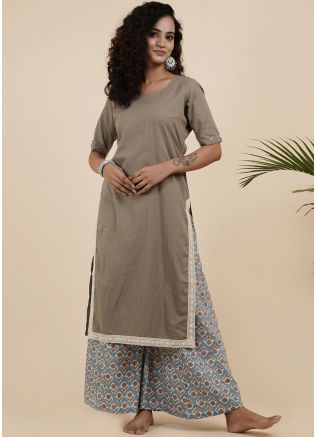 Readymade Grey Kurta Set In Cotton