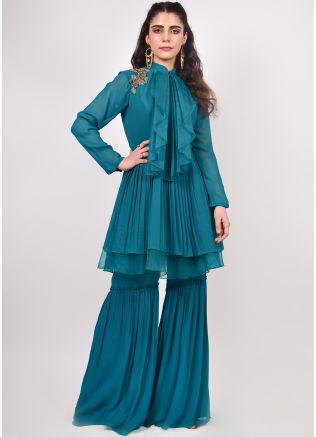 Readymade Blue Peplum Style Kurti Sharara Set