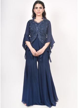 Navy Blue Jacket Style Top With Sharara