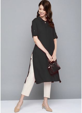 Plain Black Readymade Rayon Kurta With Pants