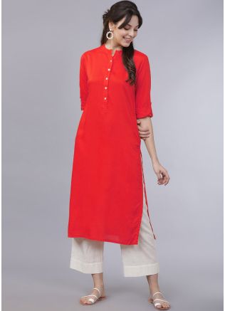 Red Readymade Straight Kurta With Plain Pants