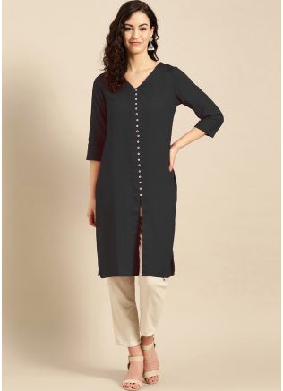 Black Slit Style Readymade Kurta Set In Rayon