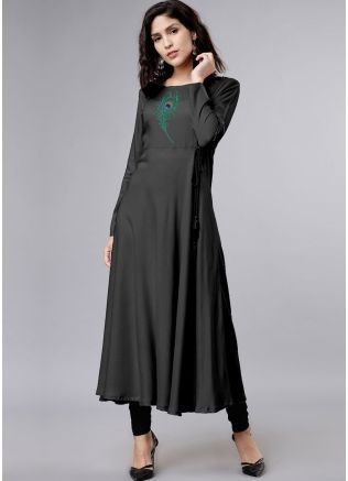 Black Flared Readymade Kurta With Churidar