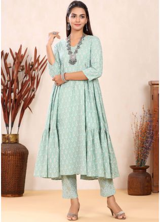 Readymade Green Printed Kurta Set In Cotton