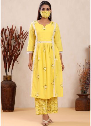 Readymade Yellow Floral Kurta Set In Cotton