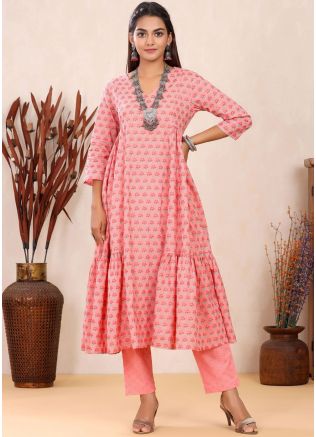 Readymade Peach Printed Kameez Pant Set