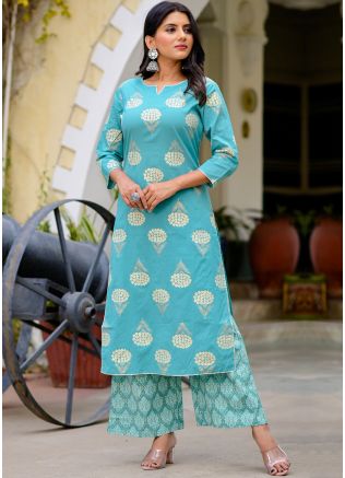 Blue Readymade Floral Printed Kurta And Palazzo