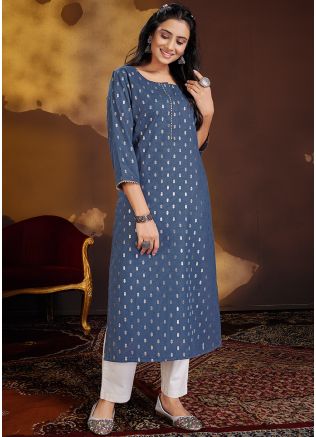 Blue Foil Printed Kurta Pant Set