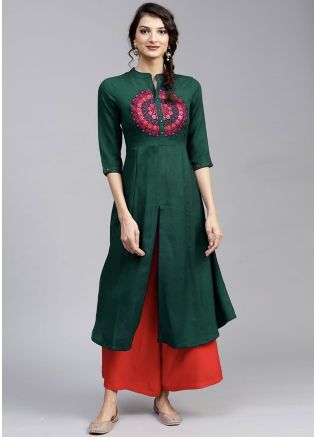 Green Embroidered Readymade Kurta With Palazzo