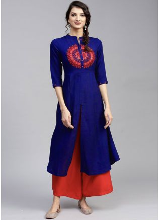 Blue Embroidered Readymade Kurta With Palazzo