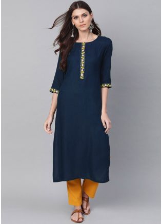 Blue Embroidered Readymade Kurta Set In Rayon