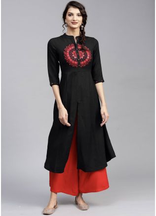 Readymade Embroidered Black Kurta Set