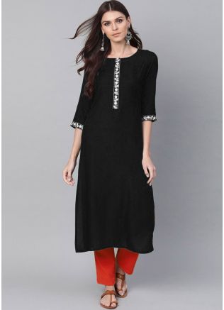 Black Readymade Rayon Kurta And Pant Set