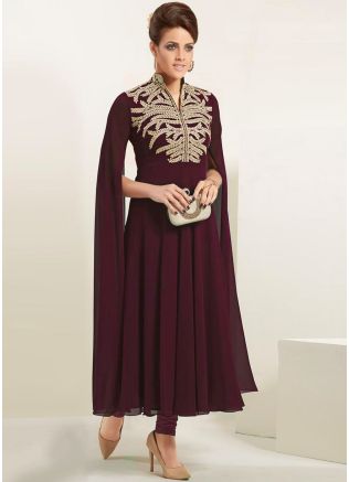 Wine Readymade Party Wear Cape Sleeved Kurta Set