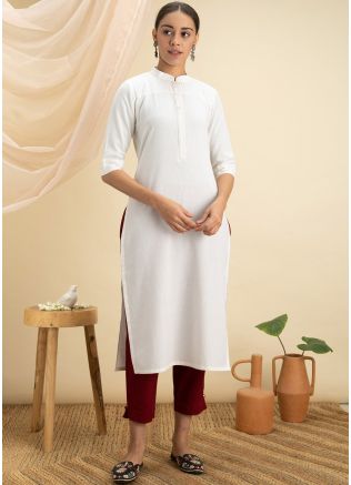 White Plain Readymade Kurta Set In Rayon