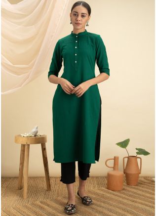 Green Plain Readymade Kurta Set In Rayon