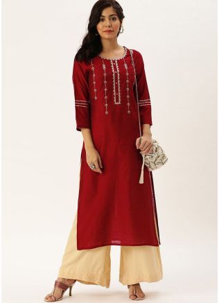 Maroon Embroidered Readymade Kurta With Palazzo