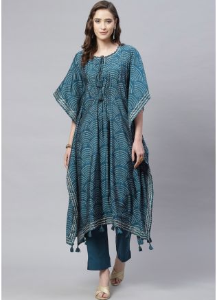 Readymade Blue Printed Kaftan Kurti With Pant