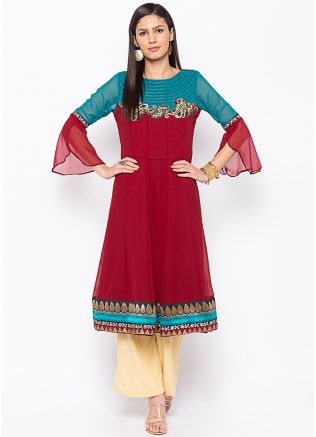 Red Readymade Hand Embroidered Kurta Set