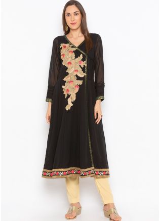 Black Readymade Angrakha Style Kurta Set