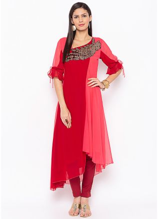 Peach Hand Embroidered Asymmetric Kurta Set