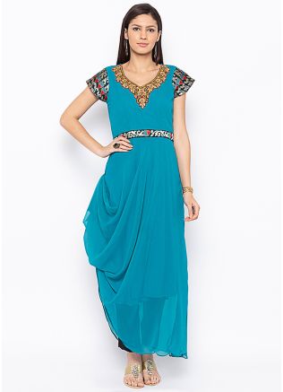 Blue Readymade Asymmetric Kurta Set In Georgette