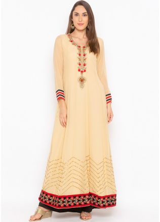 Cream Georgette Readymade Long Kurta With Palazzo Set