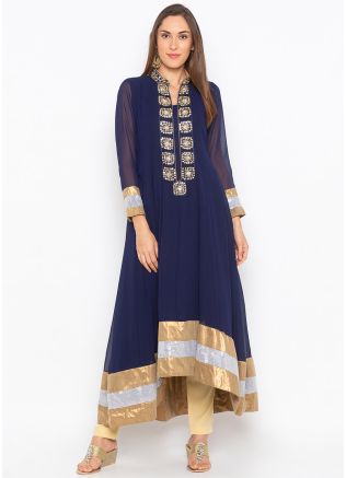 Readymade Blue Asymmetric Anarkali Kurta With Pant Set