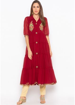 Red Readymade Tiered Kurta Set In Georgette