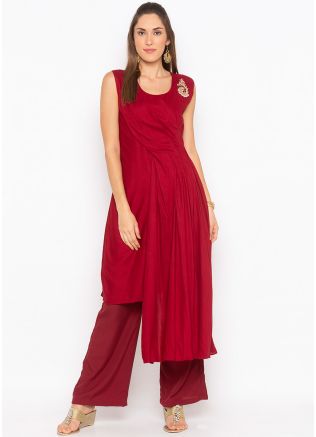 Readymade Red Asymmetric Party Wear Kurta Set