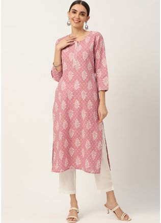 Pink  Readymade Printed Cotton Kurti