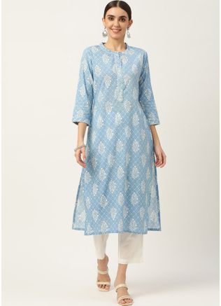 Blue Printed Readymade Cotton Kurti