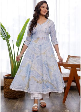 Blue Printed Flared Style Kurta With Pant