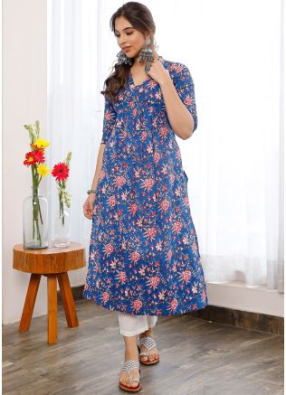 Blue Hand Block Print Kurta Set In Cotton