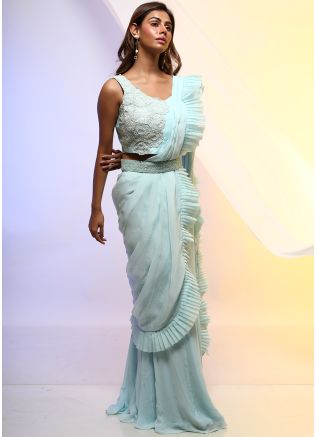 Blue Embroidered Top Palazzo & Draped Dupatta