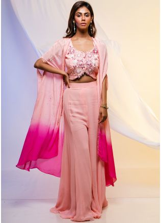 Pink Embroidered Cape Jacket Style Top And Palazzo