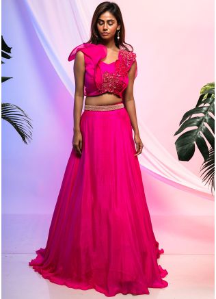 Readymade Pink Embroidered Chiffon Skirt Set & Dupatta