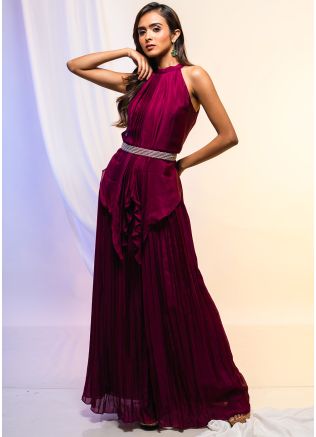 Magenta Pleated Style Asymmetric Top Palazzo Set