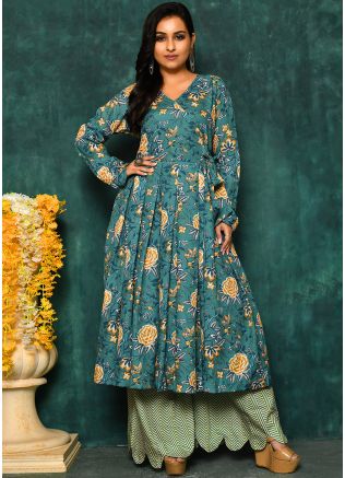 Green Readymade Floral Print Cotton Kurta Set