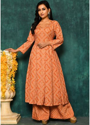 Orange Readymade Bandhej Printed Kurta Set In Cotton