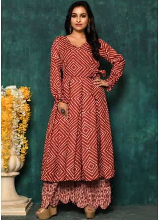 Red Readymade Bandhej Printed Kurta Set In Cotton